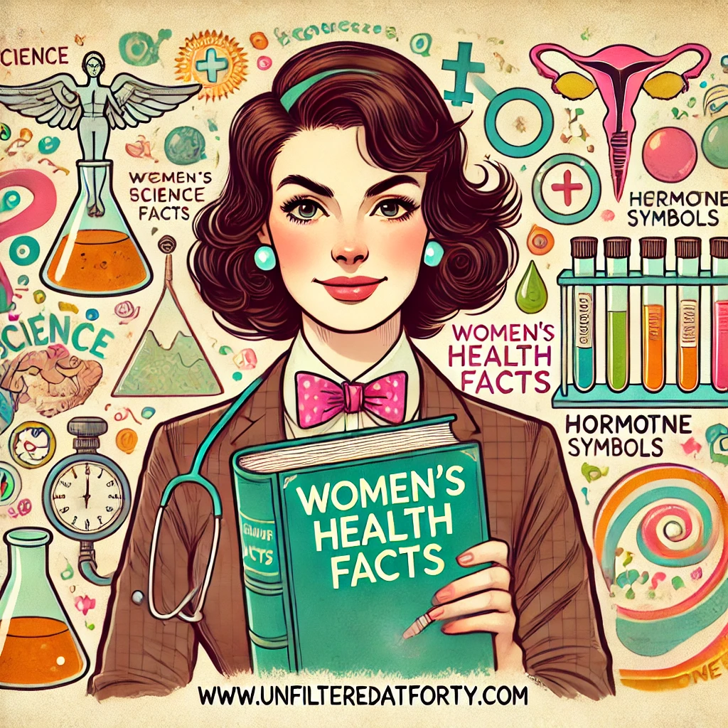 Illustration highlighting women's health facts, with focus on hormones, science symbols, and pseudoscientific misconceptions related to menopause and women's hormones on social media