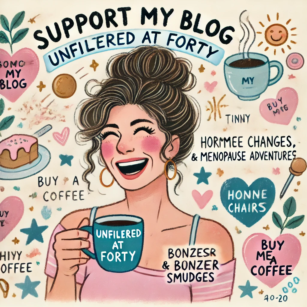 Illustration promoting a blog called 'Unfiltered at Forty.' The central figure is a smiling woman with curly hair in a loose bun, wearing hoop earrings and holding a coffee mug that reads 'Unfiltered at Forty.' The background includes doodles like stars, hearts, a donut, coffee cups, and text phrases such as 'Support My Blog,' 'Hormone Changes & Menopause Adventures,' and 'Buy Me a Coffee.' The design uses warm pastel colors and playful graphics to convey a lighthearted and supportive tone, inviting readers to contribute to the blog and join the journey through midlife with humour and openness.